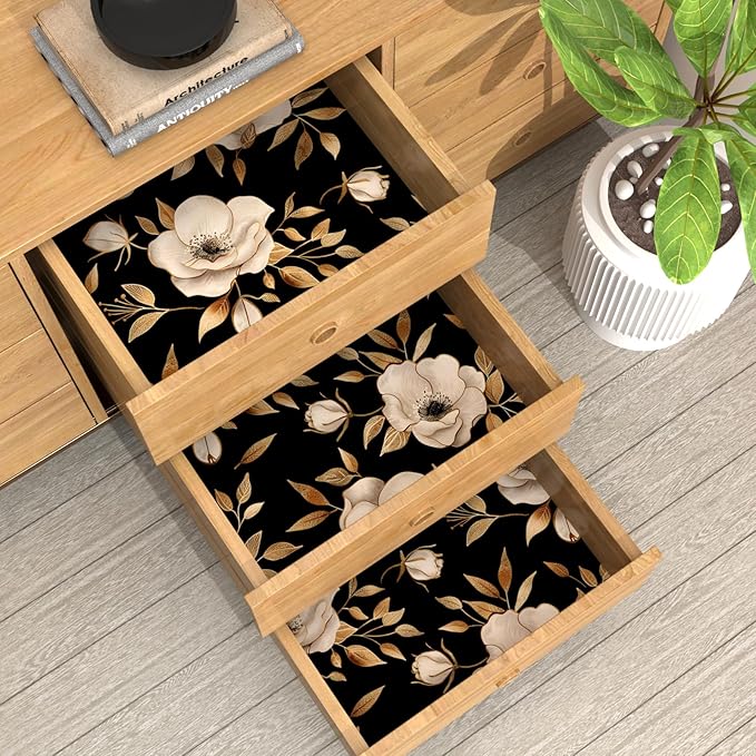 Black Floral Peel and Stick Wallpaper Gold Flowers Contact Paper Self-Adhesive Waterproof Vintage Dark Floral Wall Paper for Bedroom Shelf Liner Cabinet Stair 17.5"x118"