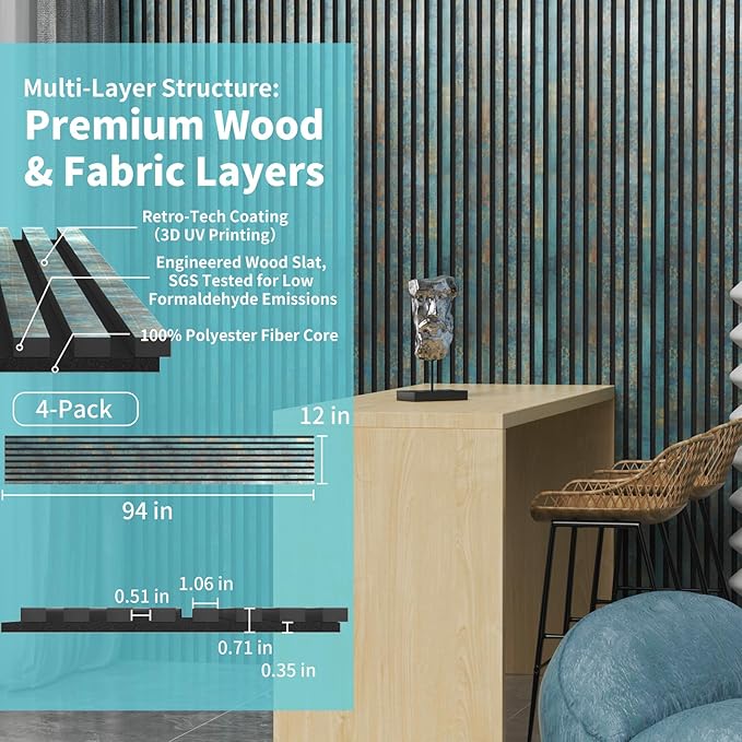 Acoustic Wood Slat Wall Panels - Antique Teal Rust Soundproof Paneling for Interior Wall Decor, Modern Design, 94" x 12", 4-Pack