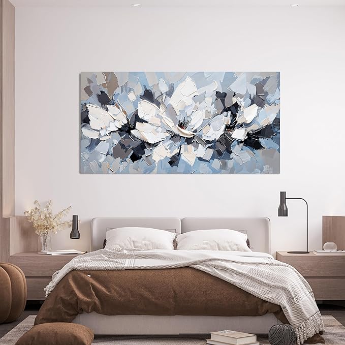 Abstract Canvas Wall Art Decor Modern White Wall Art for Living Room Abstract Canvas Art Wall Decor Flower Pictures Large Blue Wall Art Prints Artwork for Walls Bedroom Office Decor 24" X 48"