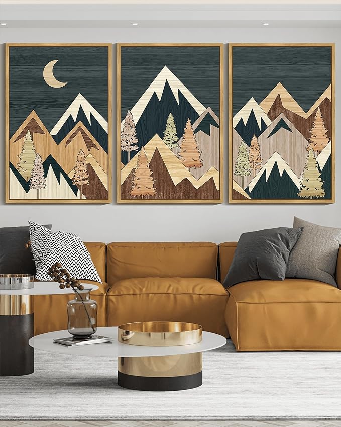 KUVIOKE Morden Mountains Framed Wall Art Boho Pine Tree Forest Nature Landscape Artwork Bohemain Farmhouse Rustic Home Decor 24x36in (Natural Framed)