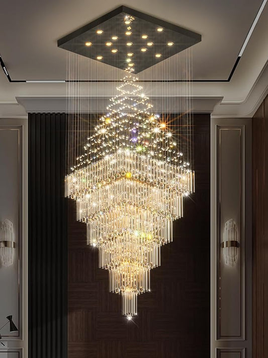 Flashing God D48''X H120'' Extra Large Chandeliers for High Ceilings Black Square Chandeliers Crystal Raindrop Chandelier for Villa Entrance Foyer LED Dimmable 2700K-6000K