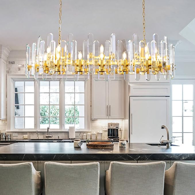 54" Modern Gold Crystal Chandelier, 24-Light Luxury Rectangular Chandelier for Dining Room, Kitchen Island, Living Room, Bedroom, Foyer, Contemporary Adjustable Chain Chandeliers K9 Light Fixture
