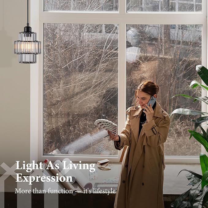 Modern Crystal Chandelier, 6"x7" Classic Crafted Pendant Light, Glass & Metal Hanging Light for Innovative Small Space Use in Dining Room, Kitchen Island, Bedroom, Living Room - Obsidian