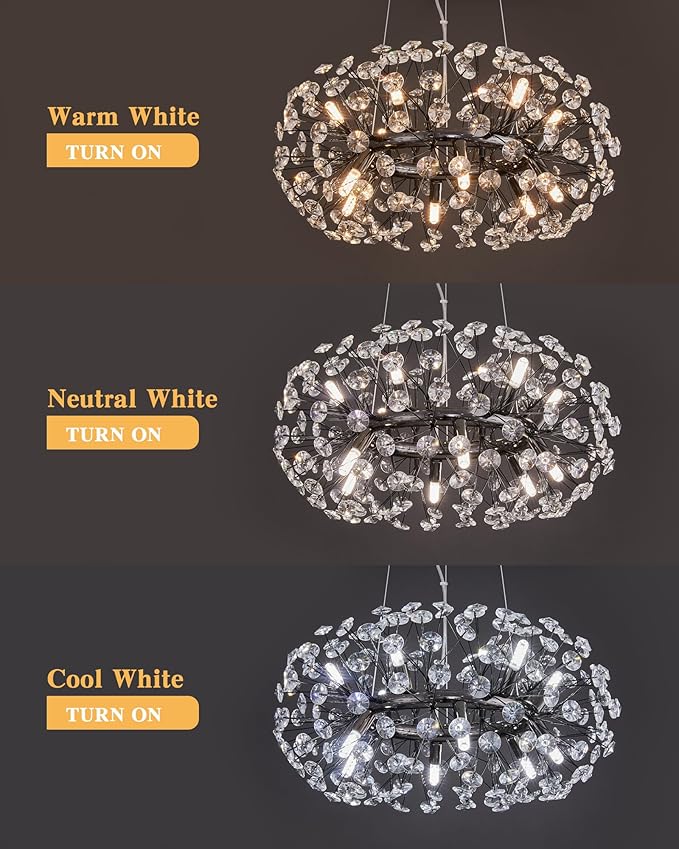 Modern Firework Chandelier, Farmhouse Black Crystal Round Dandelion Sputnik Chandeliers, 23.62" Contemporary 12-Light Pendant Hanging Lighting for Dining Room Kitchen Bedroom Living Room