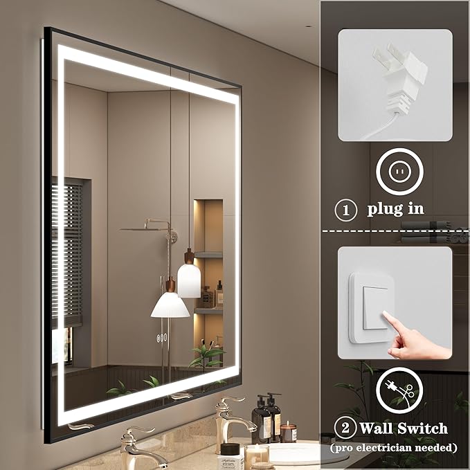 60x36 Framed LED Lighted Bathroom Mirror, Dimmable Vanity Mirror for Wall, Backlit and Front Lighted, Anti-Fog, Memory (Horizontal/Vertical)