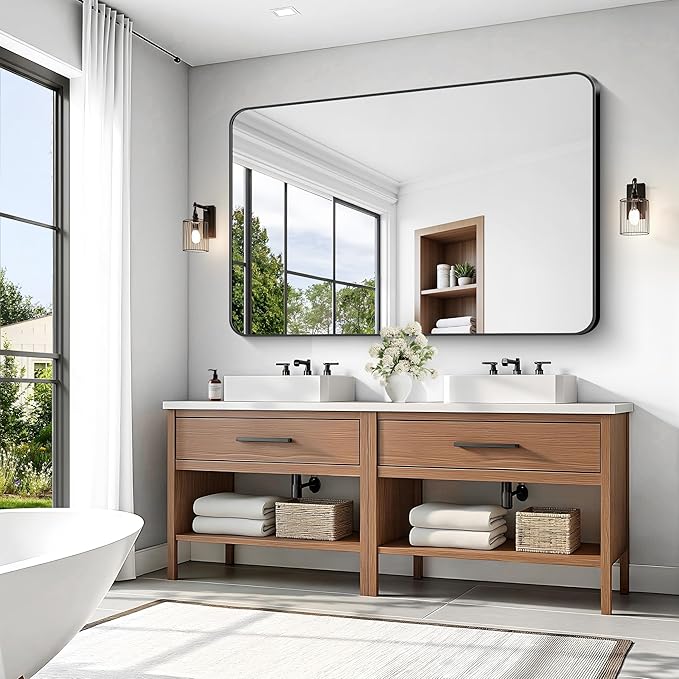 KOCUUY Black Bathroom Mirror 60"x40", Large Vanity Mirror with Rounded Corner, Metal Black Frame with Mordern Design for Bathroom, Living Room, Entryway, Hang Horizontal/Vertical
