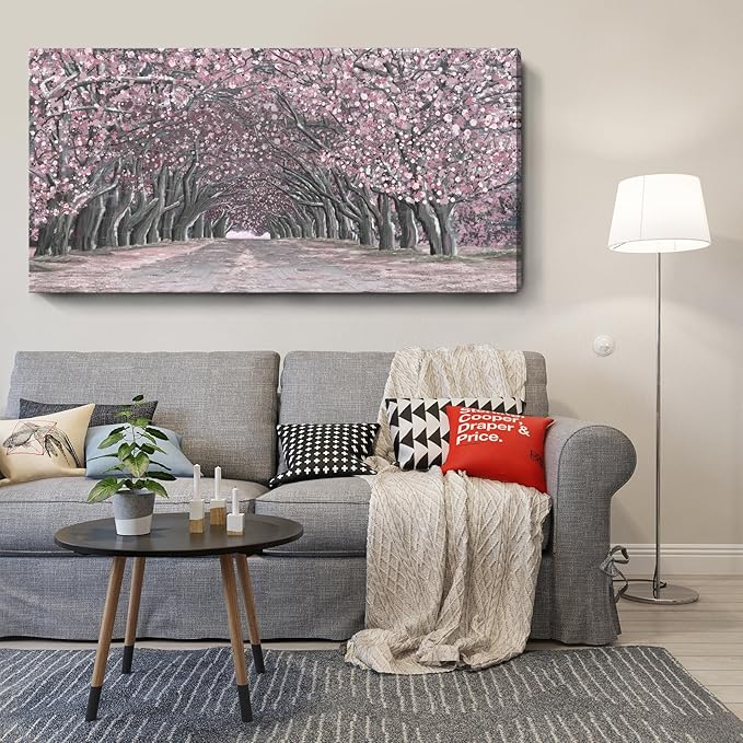 Nicetop Large Pink Wall Art – Floral Tree Artwork Romantic Cherry Blossom Landscape Canvas Art Print Dreamy Sakura Flower Pathway Forest Tunnel Nature Picture for Living Room Bedroom Girls Room 48x24 Inch