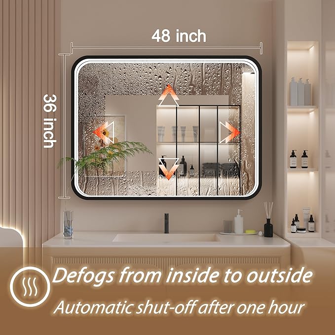 48x36 Inch Black LED Bathroom Mirror with Lights, 3000K/4500K/6000K, Wall Mounted Lighted Vanity Mirrors for Bathroom, Stepless Dimmable, Memory Funtion, Anti-Fog, Horizontal/Vertical