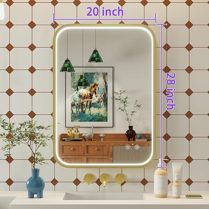 20x28 Inch Gold LED Bathroom Mirror with Lights, 3000K/4500K/6000K, Wall Mounted Framed Lighted Bathroom Vanity Mirrors, Anti-Fog, Stepless Dimmable, Memory Funtion, Horizontal/Vertical