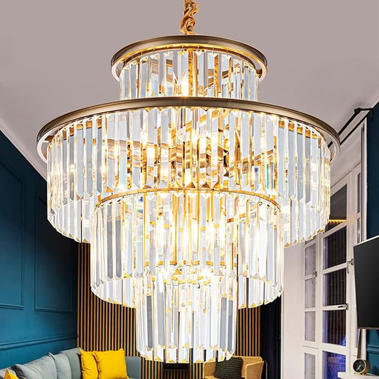 23" 14-Light Modern Crystal Chandelier Light Fixtures 4-Tier Gold Luxury Chandeliers for Dining Room Round Hanging Pendant Lighting for Living Room Kitchen Entryway Bedroom Foyer Hallway