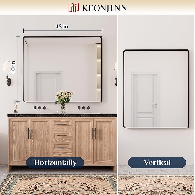Keonjinn Black Framed Mirrors for Bathroom 48” x 40” Large Rounded Rectangle Wall Mirror, Matte Black Farmhouse Bathroom Vanity Mirror with Seamless Metal Frame, HD Tempered Glass(Horizontal/Vertical)
