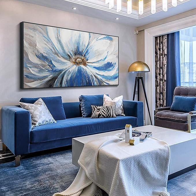 Mofutinpo Flower Wall Art Canvas Art Wall Decor For Living Room Home Decor Bedroom Pictures Aesthetic Blue Large Wall Art Framed Artwork For Walls Modern Kitchen Decor 29×58 Blacke Framed