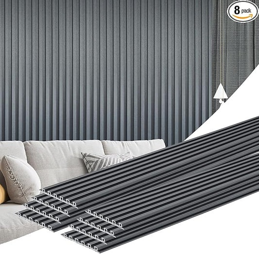 Art3d 8 Pack 104" x 6.7" Slat Wall Paneling, Glossy Metal Finish WPC 3D Wall Panels, 3D Panels for Interior Wall Decor, Living Room, Bedroom - Steel Gray