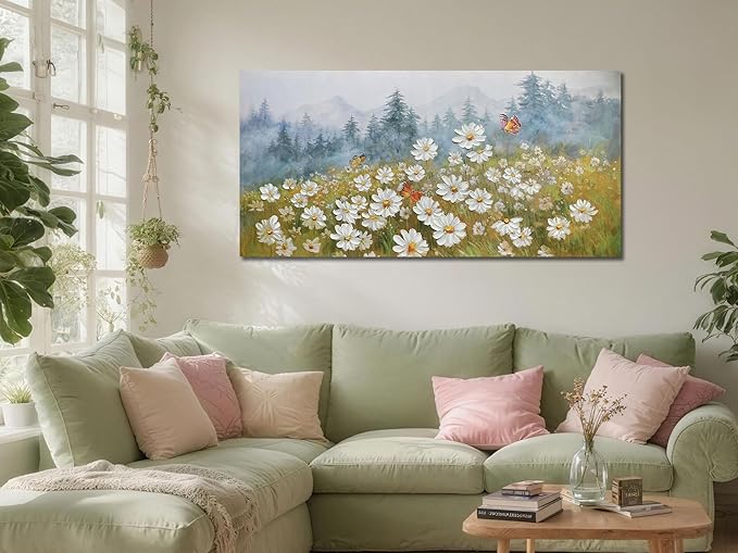 Arjun Flower Wall Art Daisy Painting Textured Paintings, Canvas Art Wall Decor, Extra Large Wall Art for Bedroom, Daisy Art Large Paintings for Living Room Home Office Dining Room 58"x29"