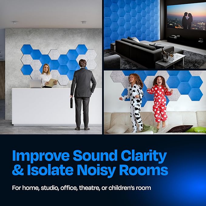 Acoustic Panels 12-Pack - 14"X12.1"X0.4" Soundproof Wall Panels - High Density Sound Dampening - Grand Blue Hexagon