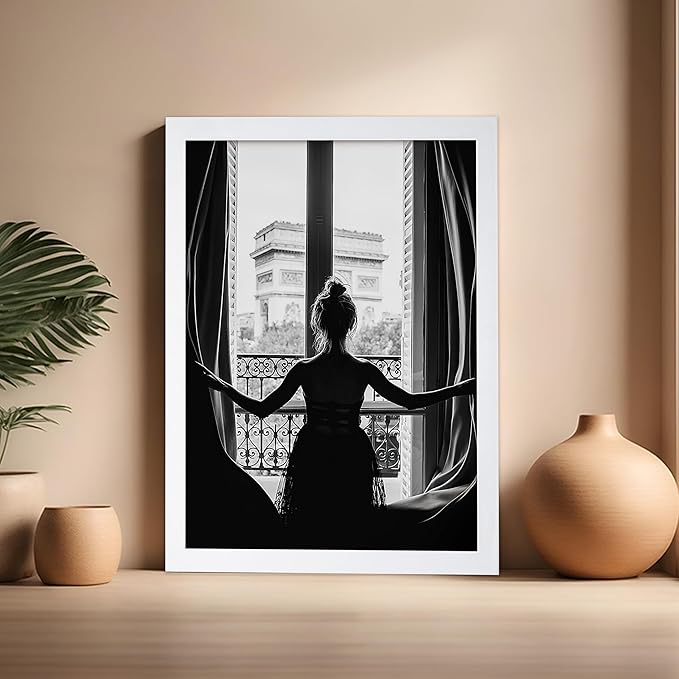 Poster Master Vintage Photograph Poster - Retro Minimalist Print - Girl In The Open Window, Black & White, Simple - Gift for Artist, Friend - Wall Decor for Living Room, Dorm, 16x20 White Framed