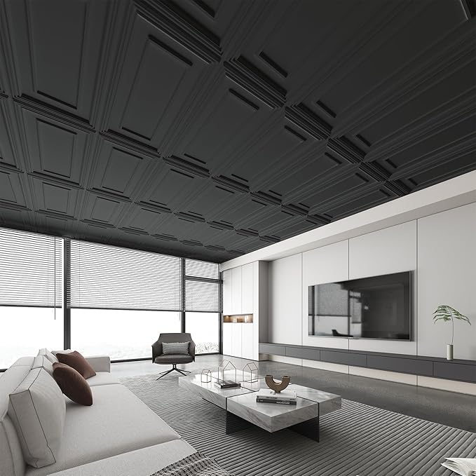Art3d (12 Pack) PVC Ceiling Tiles 24x48 Drop Ceiling Panels for Interior Wall Decor, 3D Textured Panels & Wall Decor for Home/Office, Covers 96 Sq.Ft., Black