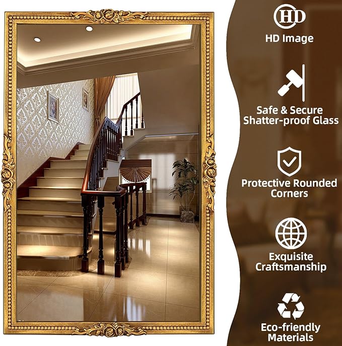 Antiqued Gold Wall Mirror with Beaded Frame – 24 * 36in Traditional & Flourish Baroque Ornate Rectangle Mirror for Over Fireplace/Entryway Vanity, Living Room or Event – Home Décor