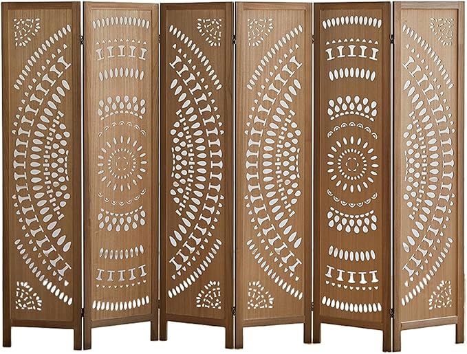 6 Panel Wood Room Divider Fully Assembled, Decorative Room Dividers and Folding Screens, 5.6Ft Room Divider Screen Freestanding Partition Wall Dividers for Home Bedroom Office, Brown