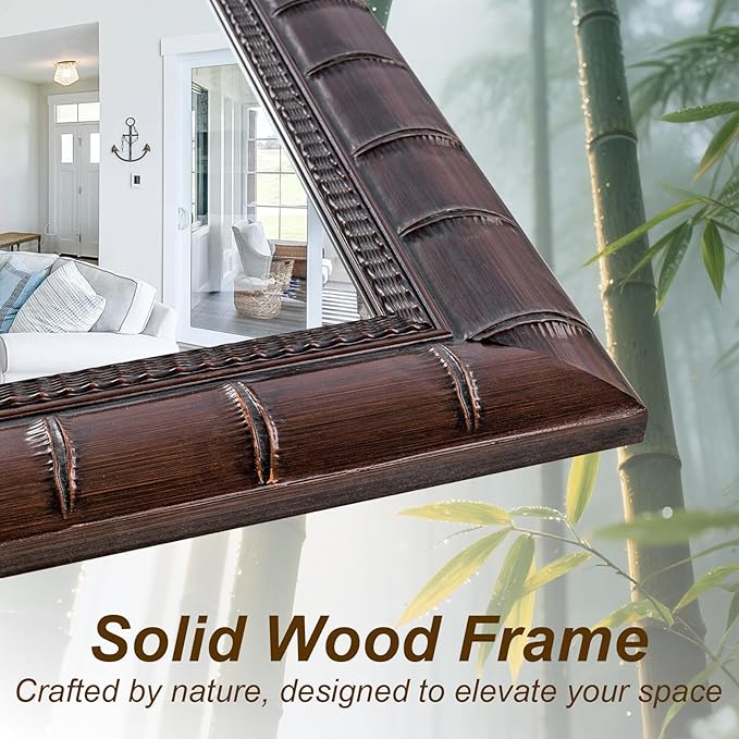 Large Brozne Decorative Mirror for Living Room, 53'' x 29'' Antiuqe Dining Room Mirrors with Bamboo-Joint Frame, Classic Vintage Brozne Wooden Mirror for Entryway, Fireplace, Horizontal/Vertical