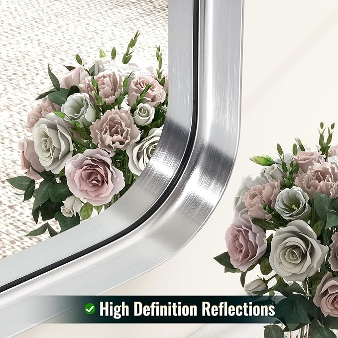 48 x 30 Inch Silver Bathroom Mirror, Rectangular Wall Mounted Shatterproof Mirror, Aluminum Alloy Frame with Rounded Corners, Horizontal or Vertical for Farmhouse Decor