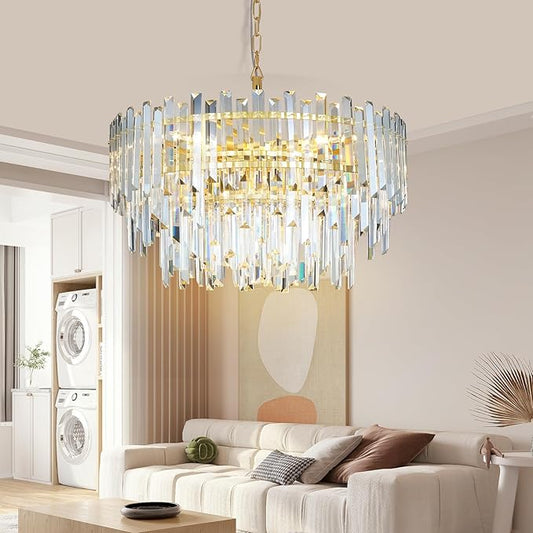 24" Modern Crystal Chandelier, 3-Tier Gold Pendant Light with 8 Lights, Luxury K9 Crystal Ceiling Fixture for Dining Room Living Room Foyer