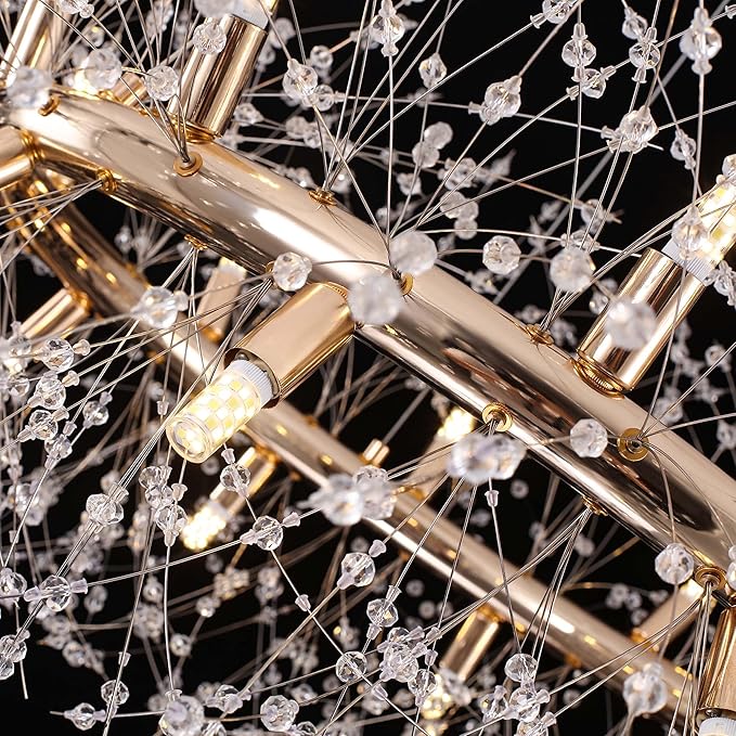 Modern Crystal Firework Chandelier, 12-Light (Bulb Included) Gold Dandelion Dining Room Light Fixtures, Round Hanging Pendant Light for Hight Ceiling, Living Room, Entryway, Staircase, Foyer