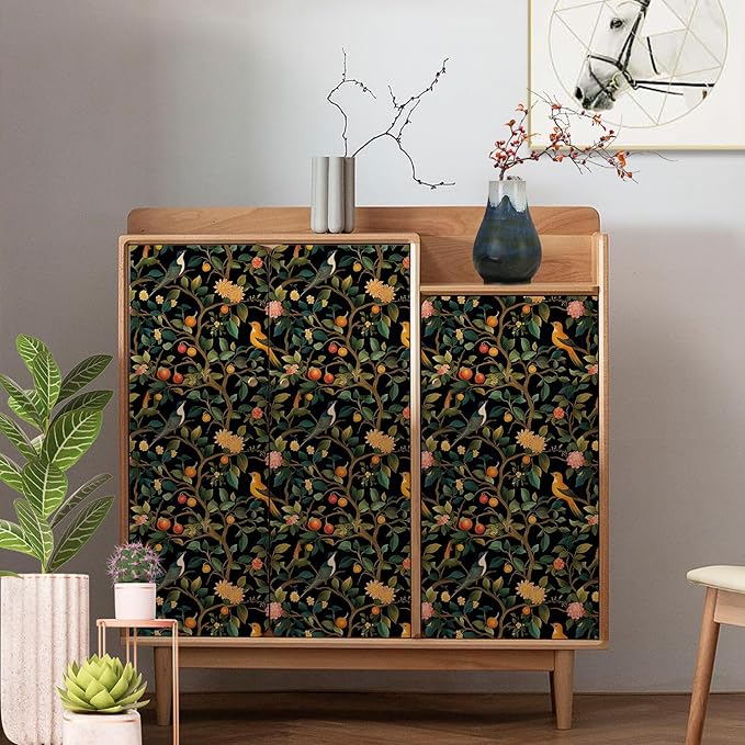 Colorful Floral Animal Wallpaper Self Adhesive Peel and Stick Black Watercolor Vivid Botanical Bird Fruit Leaf Contact Paper Removable Waterproof for Bedroom Renter Friendly 17.71"x236.2"
