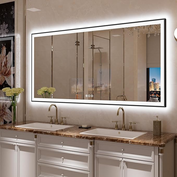 Large LED Bathroom Mirror 72x36 with Backlit and Front Lighted, Framed Dimmable Illuminated Mirror for Wall Anti-Fog Shatterproof (Horizontal/Vertical)