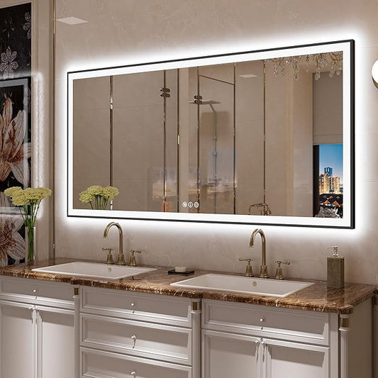 Large LED Bathroom Mirror 72x36 with Backlit and Front Lighted, Framed Dimmable Illuminated Mirror for Wall Anti-Fog Shatterproof (Horizontal/Vertical)