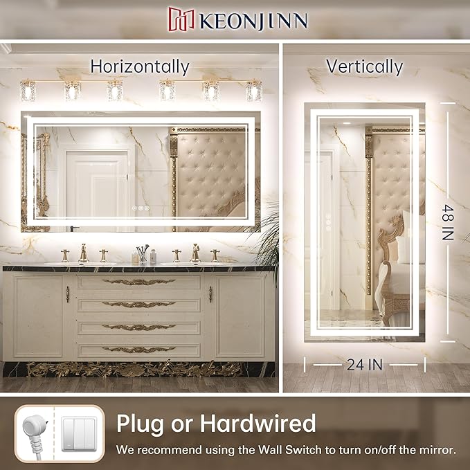 Keonjinn LED Bathroom Mirror 48" x 24" with Frontlit and Backlit, Stepless 3 Colors Temperature & Dimmable Wall Mirror, Tempered Glass, UL Listed LED Driver, Double LED Strips Lighted Vanity Mirror