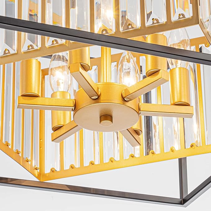 6-Light K9 Crystal Chandelier, Modern Style Pendant Light Fixture for Dining Room, Living Room, L16.5*W16.5*H17~47 inch (Adjustable Height), Gold & Black Finish Frame
