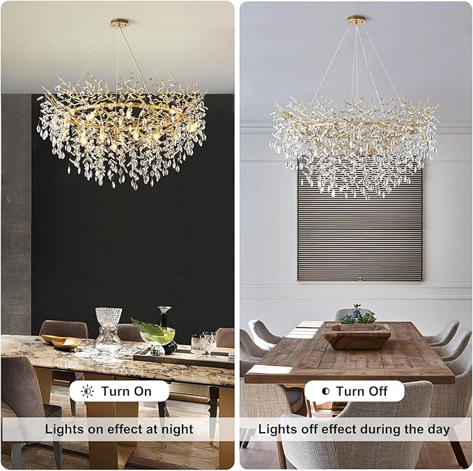 48 inch Crystal Chandelier for Dining Room, Round Gold Tree Branches Chandeliers, Top K9 Crystal Chandelier for Living Room, Modern Brass Chandeliers for Kitchen,Foyer Entryway
