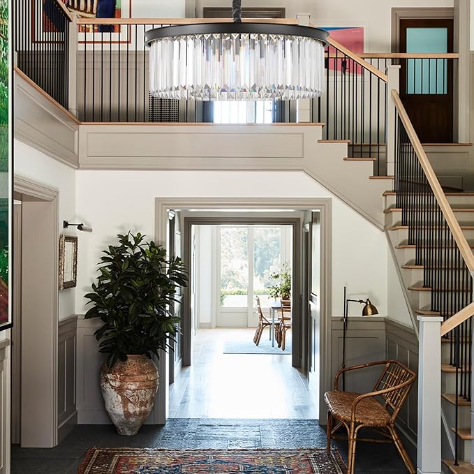 Modern Black Crystal Chandelier,2-Tier Round Pendant Ceiling Fixture with Height Adjustable Luxury Hanging Chandelier for Dining Room,Living Room,Entryway,Bedroom,Kitchen,and Foyer (Black Crystal-2)