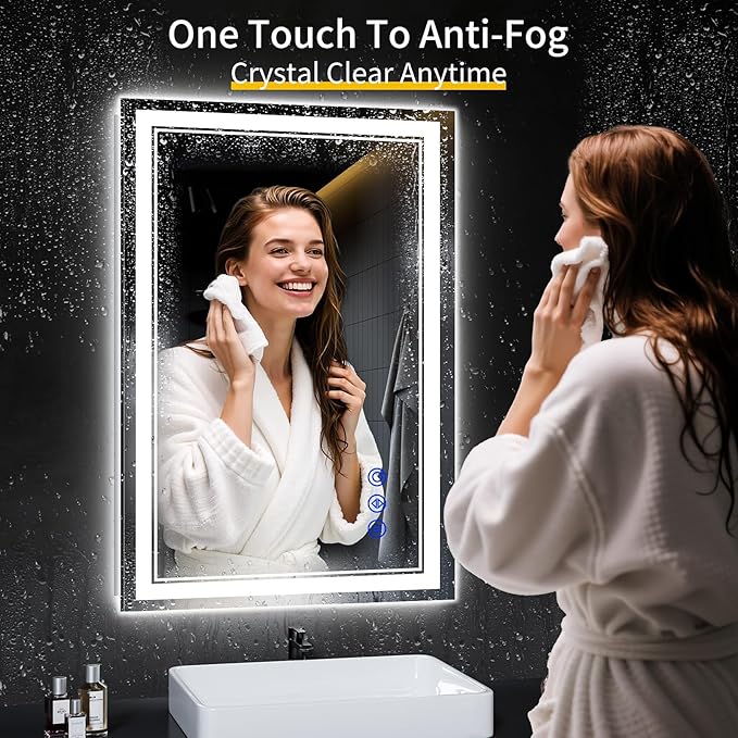 38"x26" LED Bathroom Mirror with Anti-Fog, Stepless Dimmable Lights, 3 Color Modes, Shatter-Proof Tempered Glass, Memory Function & Waterproof Design
