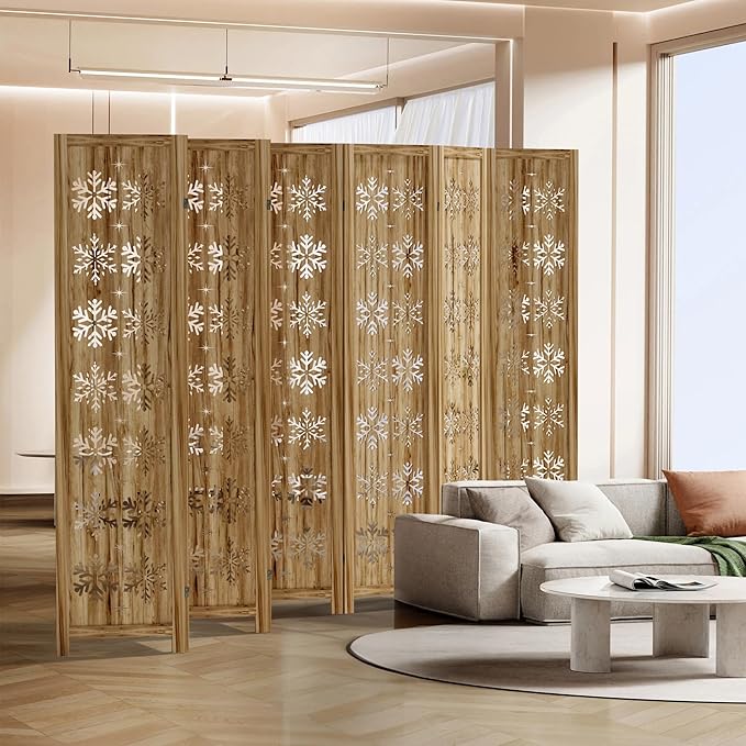 Casaphoria 8 Panels Room Divider, Folding Screen Room Divider with Snowflake Pattern for Home Office, Restaurant and Bedroom, Paulownia Wood, 127" W x 67" H (Natural)