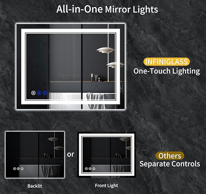 48"x36" LED Bathroom Mirror with Anti-Fog, Stepless Dimmable Lights, 3 Color Modes, Shatter-Proof Tempered Glass, Memory Function & Waterproof Design
