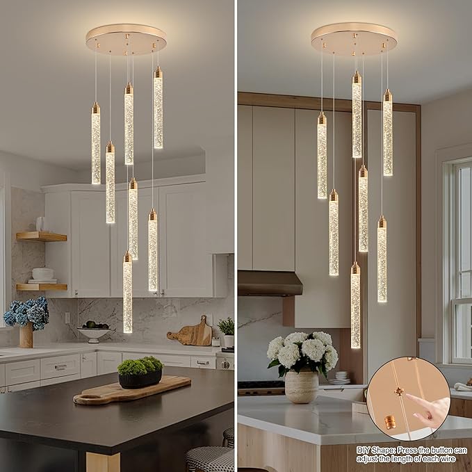 7-Light High Ceiling Crystal Staircase Chandelier Gold, Modern Spiral Raindrop Dimmable LED Bubble Cluster Ceiling Hanging Lighting Fixture for Foyer Living Room Entrance Remote Control