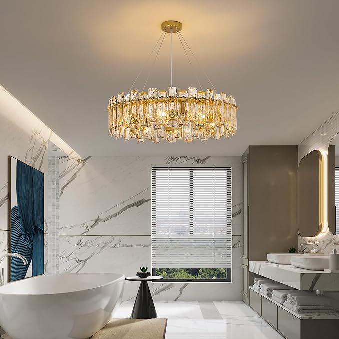 Modern Luxury K9 Crystal Chandelier 8-Lights Gold Round Pendant Light Easy Install Ceiling Hanging Light Fixture for Dining Living Room Kitchen Island Entryway Foyer D23.6