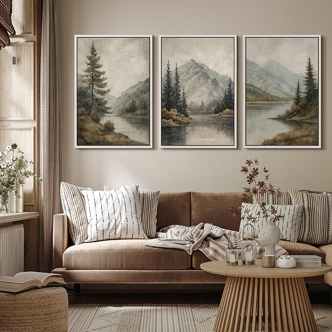 MUDECOR Framed Wall Art Print Set Mountain Landscape Nature with Trees, Lake, and Mountains, Rustic Illustrations Modern Art Decorative Colorful for Living Room, Bedroom, Office - 24"x36"x3 White
