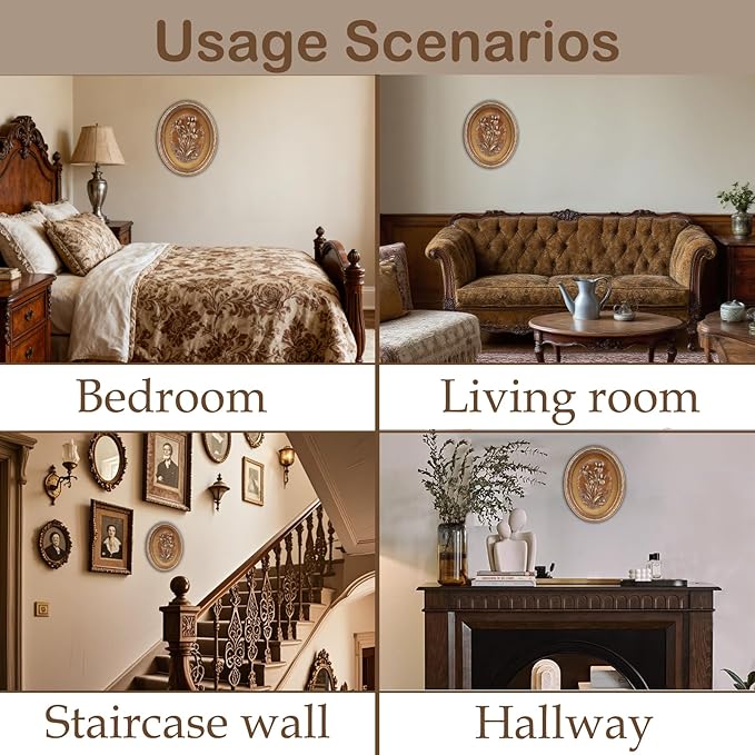 Kangce Vintage Wall Sculptures,Antique Wall Art with Hand-Carved Iris Pattern, Victorian Home Decor,for Living Room, Bedroom,Hallway Gallery,Oval,Bronze