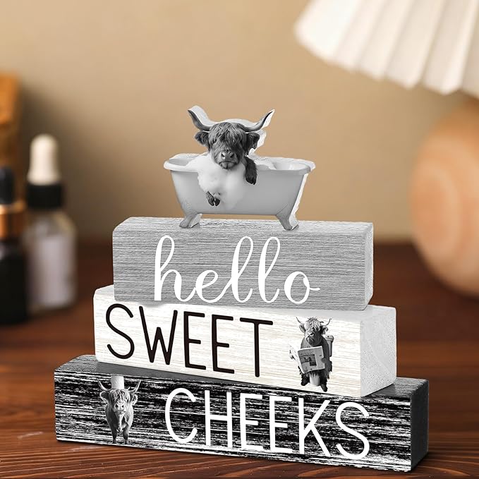 4 Pcs Funny Highland Cow Bathroom Decor Farmhouse Adult Cow Bathroom Decoration Western Hello Sweet Cheeks Table Centerpiece Christmas