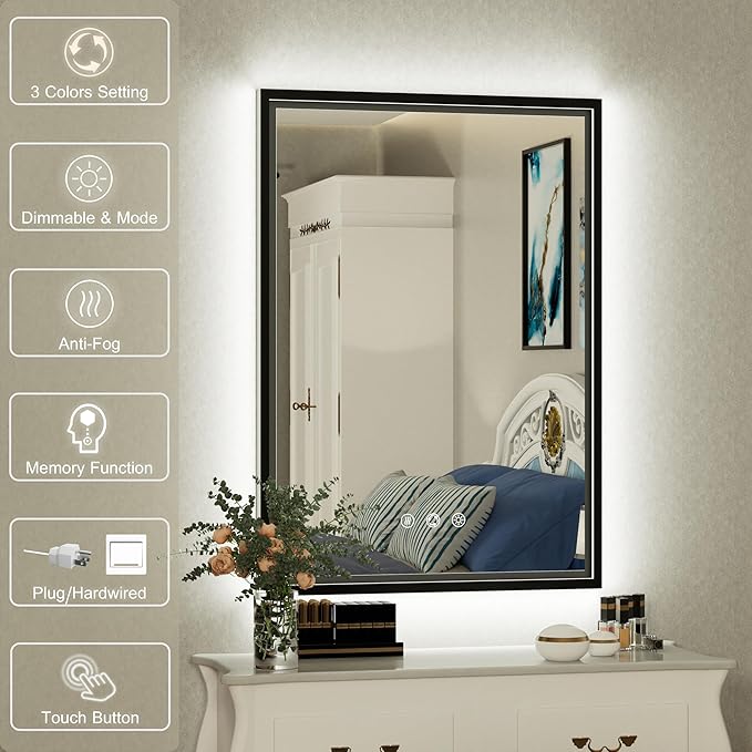 20x28 Inch LED Bathroom Mirror with Front and Back Lighting, 3 Color Temp, Dimmable, Anti-Fog, Black Aluminum Frame Wall Mounted Lighted Bathroom Vanity Mirror