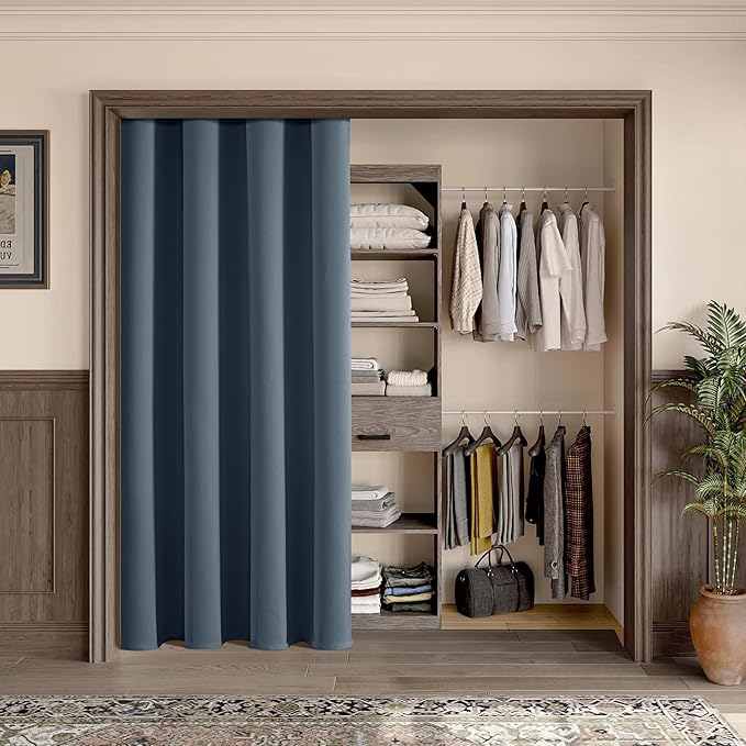 ChrisDowa Blackout Door Curtains for Doorway Privacy, Grommet Closet Curtains for bedroom closet door, Thermal Insulated Temporary Doorway Cover Room Divider Drapes (1 Panel, Stone Blue, 34 x 80 Inch)