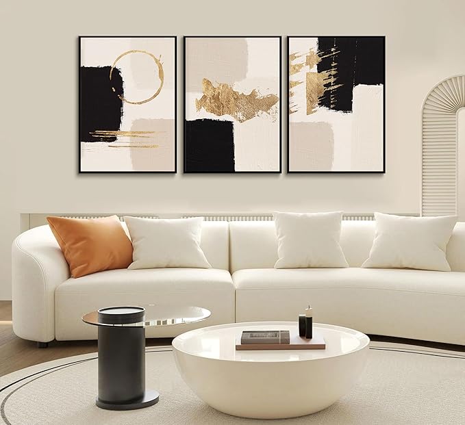 3pcs Black Gold Abstract Wall Art Bohemian Simple Geometric Canvas Poster Print Modern Beige Picture Painting Wall Decor for Living Room Bedroom Office Decoration Frameless