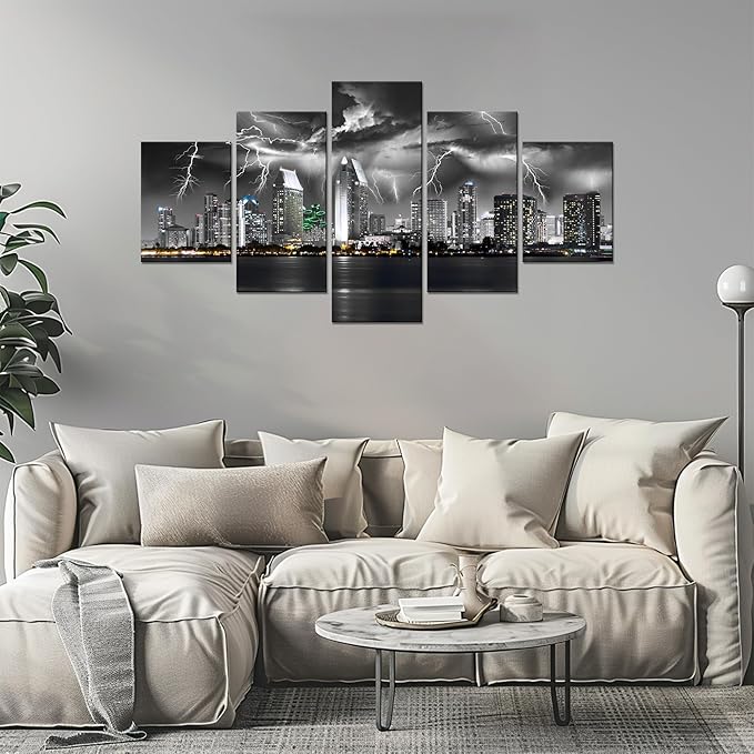 Cawpom San Diego Wall Art Black and White California Skyline Wall Decor Nature Lightning Strikes in The Clouds Picture Canvas Print Painting Poster Frame Home Living Room Decoration(60x32 inches)