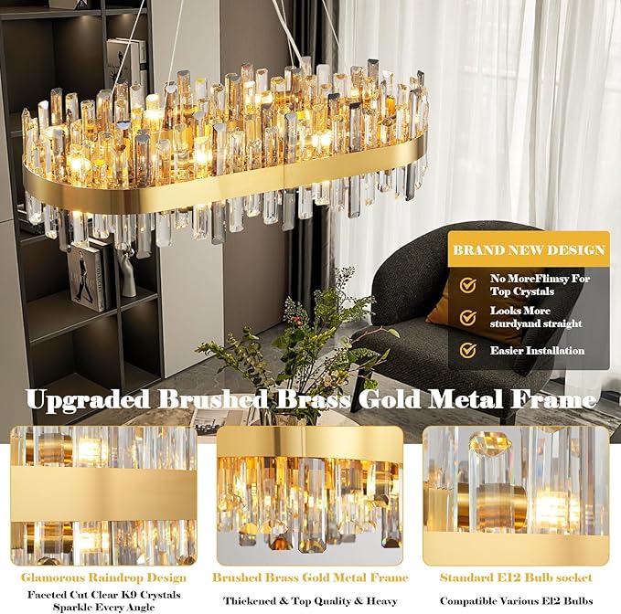 Modern Crystal Chandeliers, Luxury Gold Rectangle Light Fixture, 2-Tier Rectangular Brass Raindrop Chandelier for Dining Room, Oval Pendant Ceiling Light for Kitchen Island, L52''