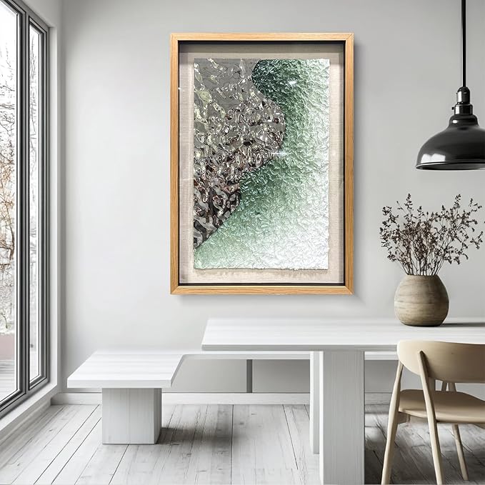 BrightA Embossed Metal Wave Wall Art - Hand-Painted Tissue Paper Gradient (Mist Green) and Silver 3D Wall Art, Contemporary Abstract Metal Sculpture for Living Room 27.5"x 39.4"