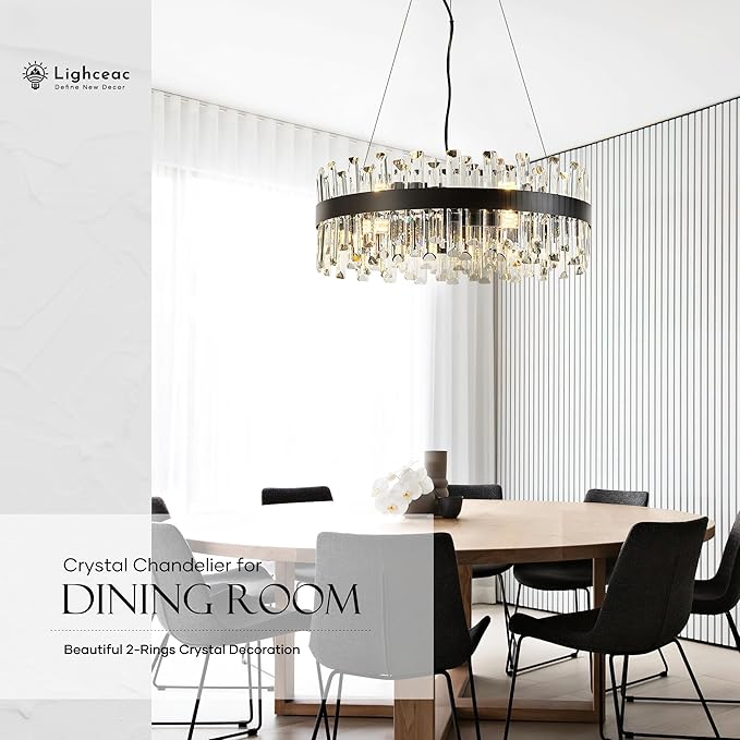 21.7" Black Modern Crystal Chandelier Light Fixtures Luxury 2 Ring Crystal Chandeliers for Dining Room 12-Light Round Hanging Pendant Lighting for Living Room Kitchen Island Entryway Bedroom