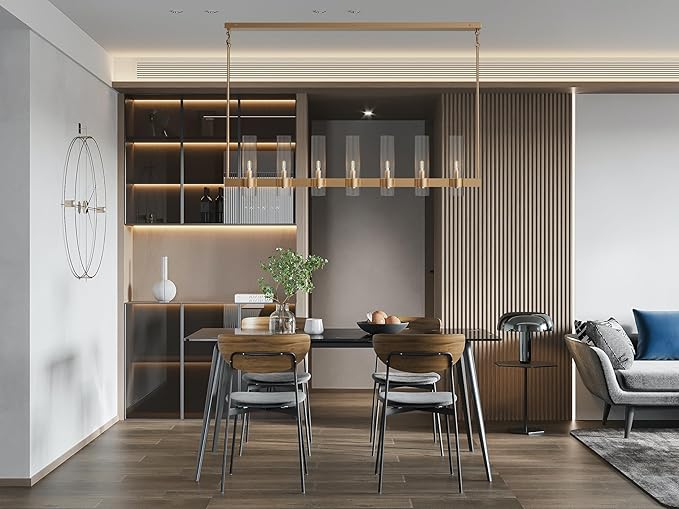 Brass Kitchen Island Lighting- 7-Light Linear Chandelier, Adjustable 47'' Modern Farmhouse Rectangle Pendant Light Fixtures, Dining Room, Bedroom